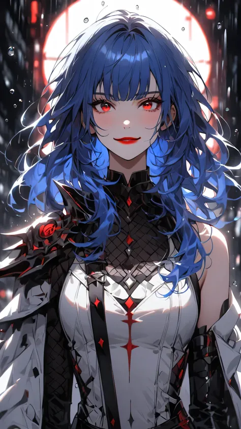 highest quality、masterpiece、1 girl、water droplets background、blue hair:1.5、red eyes、red lips, white clothes、black and white worl...