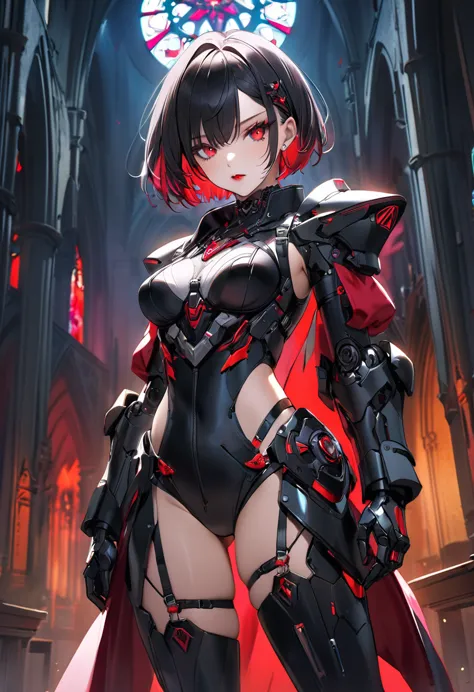 a portrait of mecha female vampire in a dark gothic cyberpunk church, an exotic exquisite beautiful mecha female vampire, dynami...