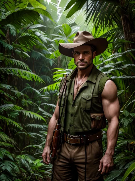 araffe man in a hat and vest standing in a jungle, portrait shot, in a jungle environment, still from a live action movie, matte...