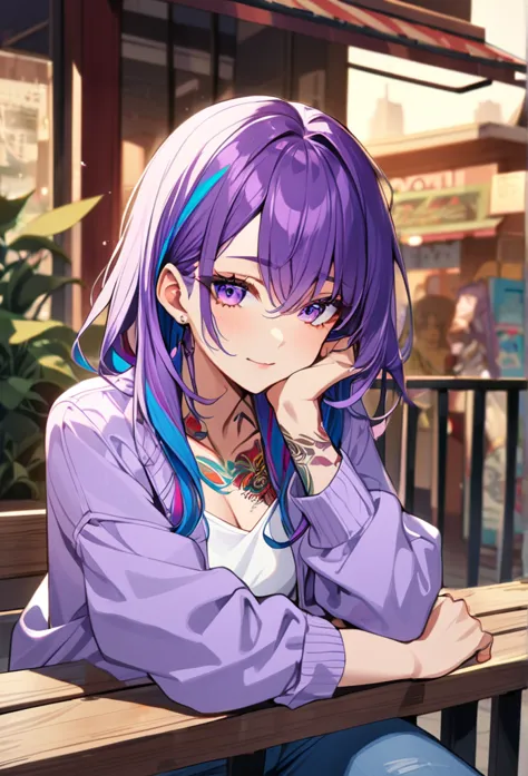 1woman, white and purple hair,multicolored hair, purple eyes, wearing a casual purple jacket, white undershirt, blue jeans, rest...