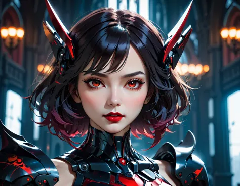 a portrait of mecha female vampire in a dark gothic cyberpunk church, an exotic exquisite beautiful mecha female vampire, dynami...