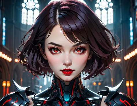 a portrait of mecha female vampire in a dark gothic cyberpunk church, an exotic exquisite beautiful mecha female vampire, dynami...