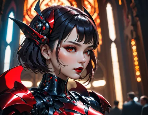 a portrait of mecha female vampire in a dark gothic cyberpunk church, an exotic exquisite beautiful mecha female vampire, dynami...