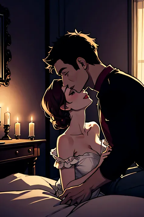 boy and woman, beautiful woman, kissing each other with passion, in a bedroom, bright room, candles lit, night time,