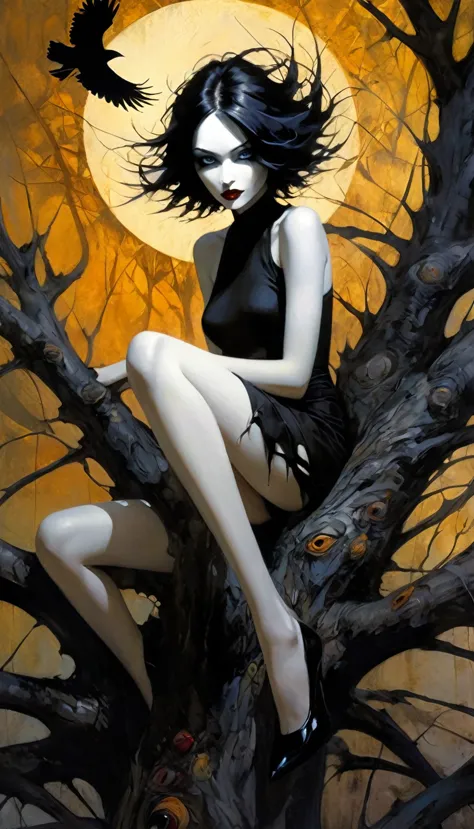 a large dry tree, crows, a sexy monster girl with torn clothes sitting at the base of the tree, black and white image, art inspi...