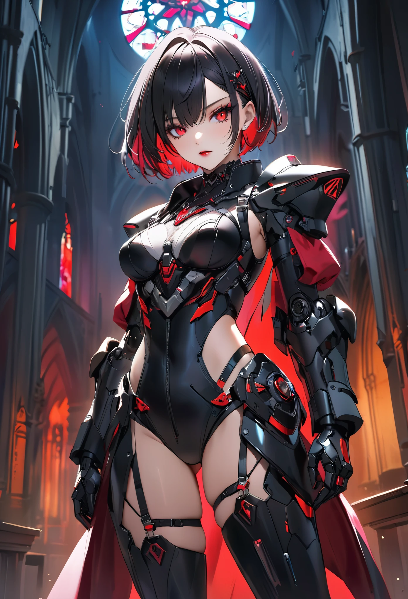 a portrait of mecha female vampire in a dark gothic cyberpunk church, an exotic exquisite beautiful mecha female vampire, dynamic hair color, short hair, dynamic eyes color, intense eyes,  glowing eyes, dynamic eyes color, wearing intricate mech armor, delicate mech armor, delicate blood veins in the armor, wearing thigh high heeled boots, dark gothic cyberpunk church background, vibrant, Ultra-high resolution, High Contrast, (masterpiece:1.5), highest quality, Best aesthetics), best details, best quality, highres, 16k, (ultra detailed: 1.5), masterpiece, best quality, (extremely detailed) RAW, (ultra details, Masterpiece, best quality), 