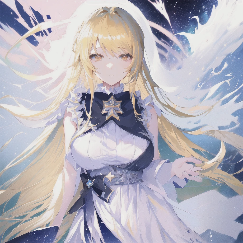 anime woman with long blonde hair and a white dress standing in the middle of a sea of stars, anime splash, anime goddess, visual anime of a cute girl, blonde adult woman with long hair, daytime ethereal anime, greek dress, Marisa Kirisame, official art, star crown