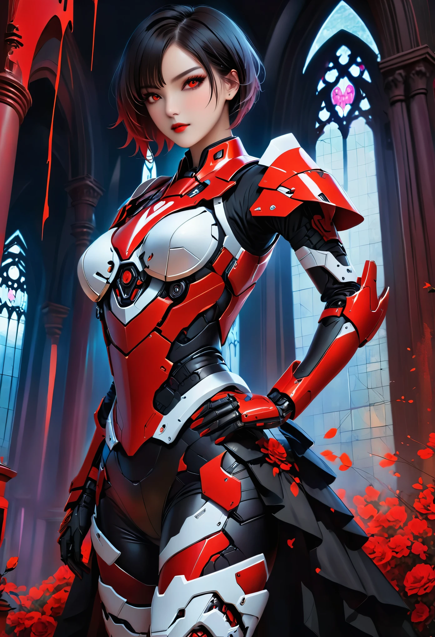 a portrait of mecha female vampire in a dark gothic cyberpunk church, an exotic exquisite beautiful mecha female vampire, dynamic hair color, short hair, dynamic eyes color, intense eyes,  glowing eyes, dynamic eyes color, wearing intricate mech armor, delicate mech armor, delicate blood veins in the armor, wearing thigh high heeled boots, dark gothic cyberpunk church background, vibrant, Ultra-high resolution, High Contrast, (masterpiece:1.5), highest quality, Best aesthetics), best details, best quality, highres, 16k, (ultra detailed: 1.5), masterpiece, best quality, (extremely detailed) RAW, (ultra details, Masterpiece, best quality), Dark Art Painting Style