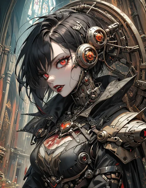 a portrait of mecha female vampire in a dark gothic cyberpunk church, an exotic exquisite beautiful mecha female vampire, dynami...