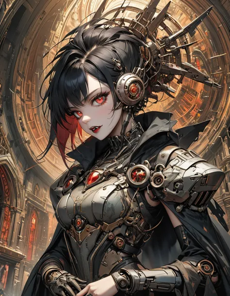 a portrait of mecha female vampire in a dark gothic cyberpunk church, an exotic exquisite beautiful mecha female vampire, dynami...