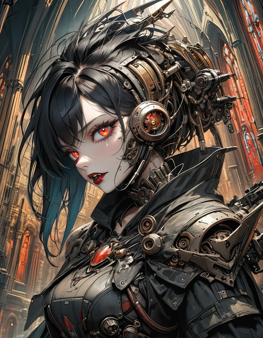 a portrait of mecha female vampire in a dark gothic cyberpunk church, an exotic exquisite beautiful mecha female vampire, dynamic hair color, short hair, dynamic eyes color, intense eyes, (vampire fangs),  glowing eyes, dynamic eyes color, wearing intricate mech armor, delicate mech armor, delicate blood veins in the armor, wearing thigh high heeled boots, dark gothic cyberpunk church background, vibrant, Ultra-high resolution, High Contrast, (masterpiece:1.5), highest quality, Best aesthetics), best details, best quality, highres, 16k, (ultra detailed: 1.5), masterpiece, best quality, (extremely detailed) RAW, (ultra details, Masterpiece, best quality), Cinematic Hollywood Film, Intense gaze, cg_darkscifi