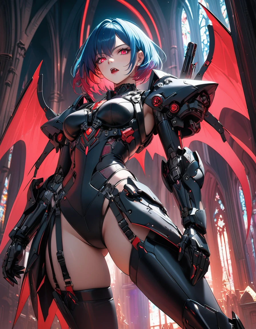 a portrait of mecha female vampire in a dark gothic cyberpunk church, an exotic exquisite beautiful mecha female vampire, dynamic hair color, short hair, dynamic eyes color, intense eyes, (vampire fangs),  glowing eyes, dynamic eyes color, wearing intricate mech armor, delicate mech armor, delicate blood veins in the armor, wearing thigh high heeled boots, dark gothic cyberpunk church background, vibrant, Ultra-high resolution, High Contrast, (masterpiece:1.5), highest quality, Best aesthetics), best details, best quality, highres, 16k, (ultra detailed: 1.5), masterpiece, best quality, (extremely detailed) RAW, (ultra details, Masterpiece, best quality), Cinematic Hollywood Film, Intense gaze, cg_darkscifi