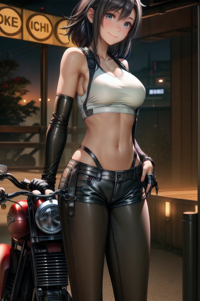 (cowboy shot), (Perfect Anatomy, top-quality, The ultra -The high-definition, high resolution, extremely detailed CG, 8K Unit Wallpapers), 26-year-old mature lady, solo, beautiful detailed eyes, black hair, short bob hair, blunt bang, (giant breasts, statuesque slender body, athletic), gleaming skin, oily skin, (punk fashion, leather jacket, Tank top, micro shorts), (drive a motorcycle,Harley-Davidson), on road, Tokyo, at night