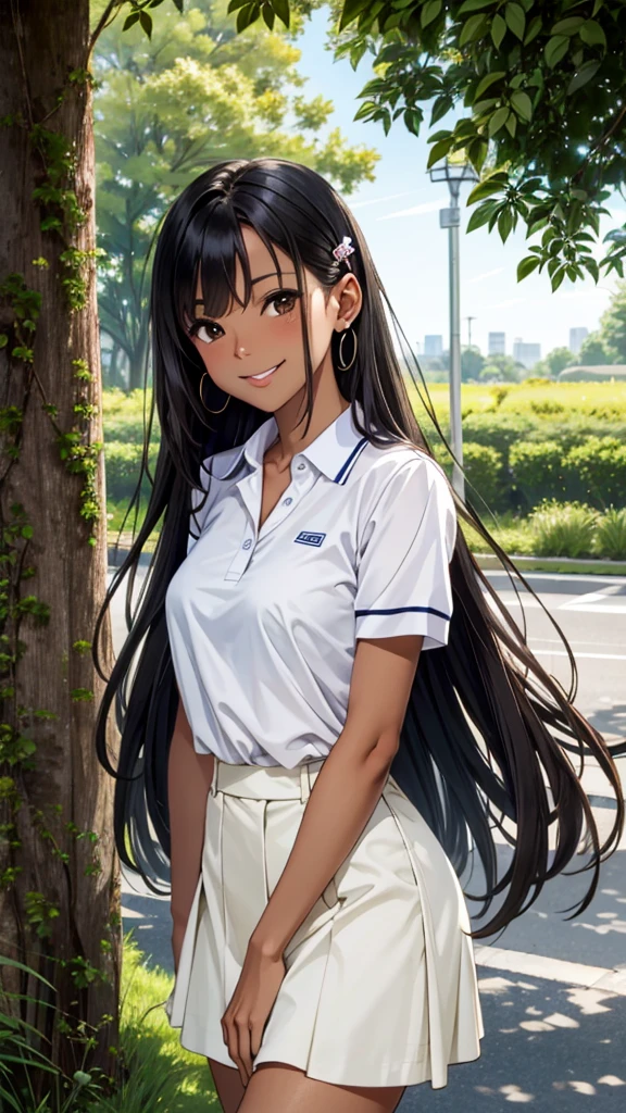 ((best quality)), ((masterpiece)), (details), one girl, sexy ((best quality)), ((masterpiece)), (details), one girl, sexy ((best quality)), ((masterpiece)), (details), one girl, full body, sexy expensive body, expensive, long legs, mature woman, mature, adult, it_nagatoro_main, Hayase Nagatoro, one girl, blushing, alone, white polo shirt, short sleeves, black hair,brown eyes, hair accessory, looking at viewer, hair clip, smiling, long hair, dark skinned woman, dark skin, , bangs, daytime, skirt, collared shirt, collarbone, ear clip, mouth closed, tree, asymmetrical bangs, upper body