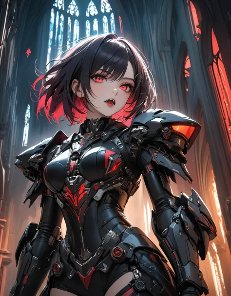 a portrait of mecha female vampire in a dark gothic cyberpunk church, an exotic exquisite beautiful mecha female vampire, dynami...