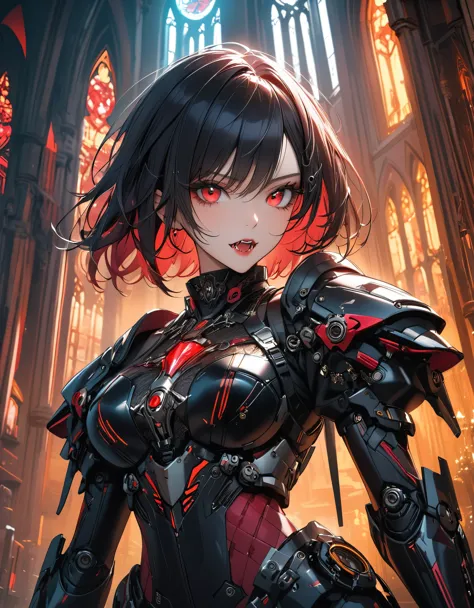 a portrait of mecha female vampire in a dark gothic cyberpunk church, an exotic exquisite beautiful mecha female vampire, dynami...