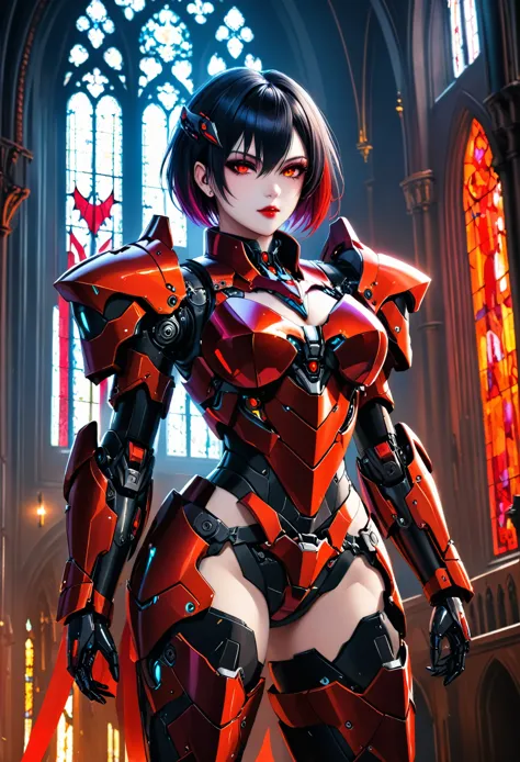 a portrait of mecha female vampire in a dark gothic cyberpunk church, an exotic exquisite beautiful mecha female vampire, dynami...