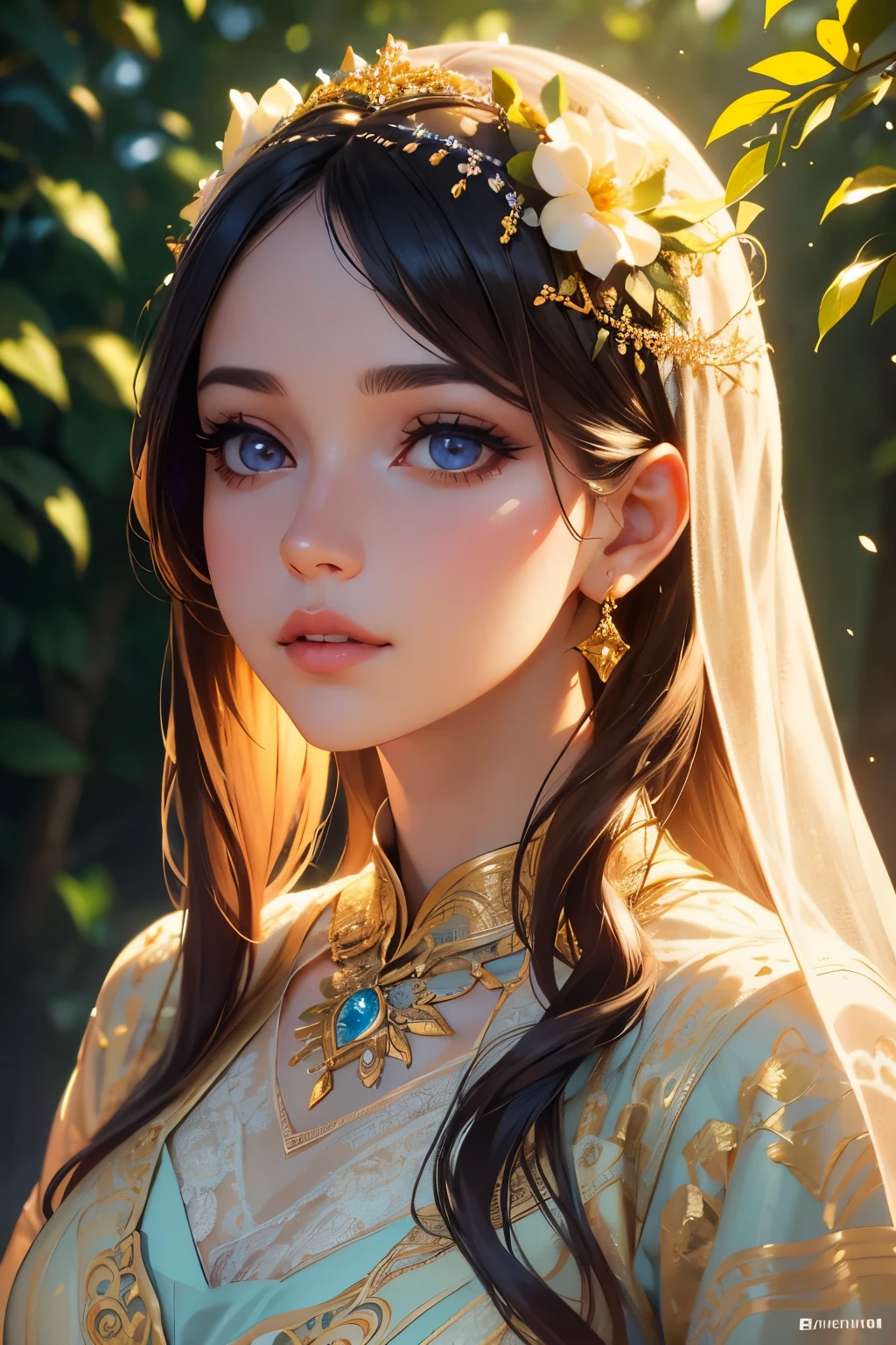 Une belle jeune fille, yeux détaillés, belles lèvres détaillées, visage extrêmement détaillé, long cils, robe élégante, expression sereine, fond floral complexe, la lumière du soleil filtre à travers les arbres, couleurs vives, Éclairage cinématographique, détaillé 8k, Photoréaliste, chef-d&#39;œuvre