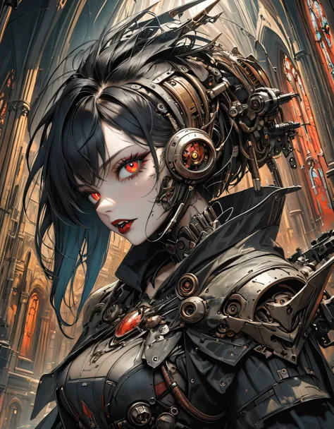 a portrait of mecha female vampire in a dark gothic cyberpunk church, an exotic exquisite beautiful mecha female vampire, dynami...