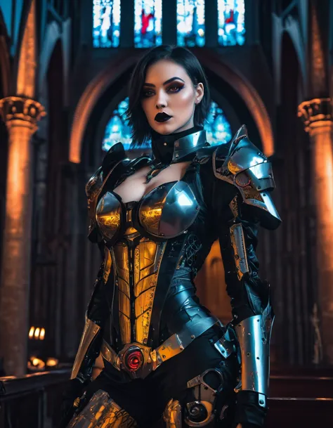 a portrait of mecha female vampire in a dark gothic cyberpunk church, an exotic exquisite beautiful mecha female vampire, dynami...