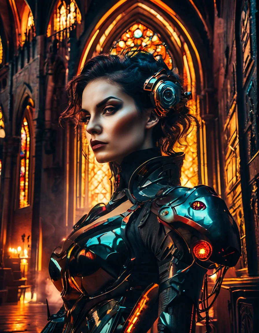 a portrait of mecha female vampire in a dark gothic cyberpunk church, an exotic exquisite beautiful mecha female vampire, dynamic hair color, short hair, dynamic eyes color, intense eyes, (vampire fangs),  glowing eyes, dynamic eyes color, wearing intricate mech armor, delicate mech armor, delicate blood veins in the armor, wearing thigh high heeled boots, dark gothic cyberpunk church background, vibrant, Ultra-high resolution, High Contrast, (masterpiece:1.5), highest quality, Best aesthetics), best details, best quality, highres, 16k, (ultra detailed: 1.5), masterpiece, best quality, (extremely detailed) RAW, (ultra details, Masterpiece, best quality), Cinematic Hollywood Film, Intense gaze, cg_darkscifi