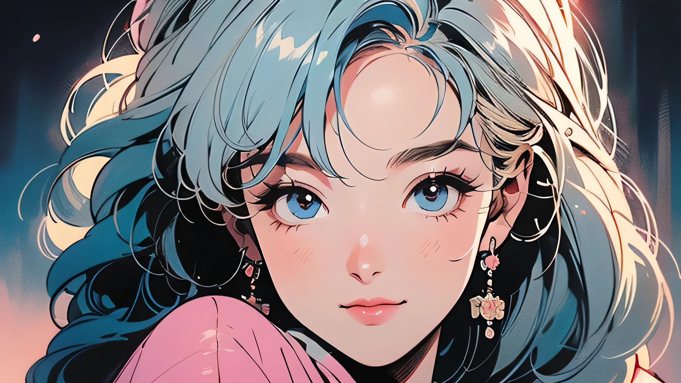 1girl, blue hair with blonde highlights, large expressive eyes, vibrant colors, lo-fi aesthetic, detailed, warm lighting, calm and serene, soft pastels, anime style, (soft smile:1.2), intricate details
