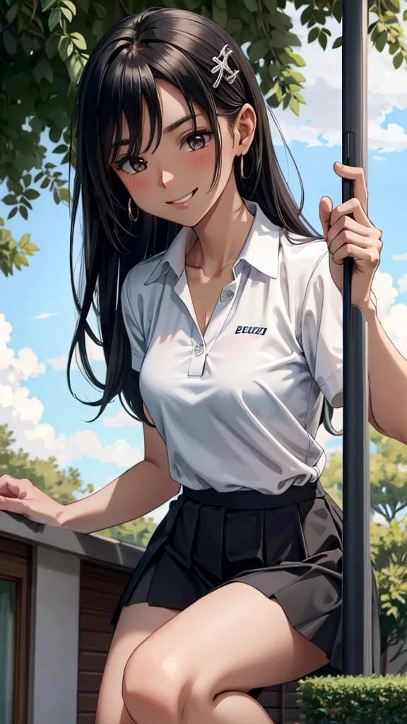 ((best quality)), ((masterpiece)), (details), one girl, sexy ((best quality)), ((masterpiece)), (details), one girl, sexy ((best quality)), ((masterpiece)), (details), one girl, full body, sexy expensive body, expensive, long legs, mature woman, mature, adult, it_nagatoro_main, Hayase Nagatoro, one girl, blushing, alone, white polo shirt, short sleeves, black hair,brown eyes, hair accessory, looking at viewer, hair clip, smiling, long hair, dark skinned woman, dark skin, , bangs, daytime, skirt, collared shirt, collarbone, ear clip, mouth closed, tree, asymmetrical bangs, upper body