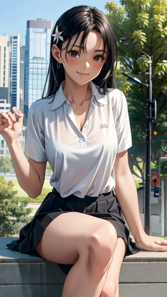 ((best quality)), ((masterpiece)), (details), one girl, sexy ((best quality)), ((masterpiece)), (details), one girl, sexy ((best quality)), ((masterpiece)), (details), one girl, full body, sexy expensive body, expensive, long legs, mature woman, mature, adult, it_nagatoro_main, Hayase Nagatoro, one girl, blushing, alone, white polo shirt, short sleeves, black hair,brown eyes, hair accessory, looking at viewer, hair clip, smiling, long hair, dark skinned woman, dark skin, , bangs, daytime, skirt, collared shirt, collarbone, ear clip, mouth closed, tree, asymmetrical bangs, upper body