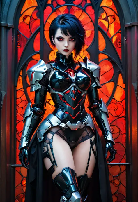 a portrait of mecha female vampire in a dark gothic cyberpunk church, an exotic exquisite beautiful mecha female vampire, dynami...