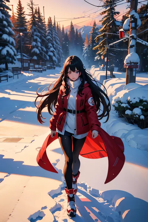 anime girl with long hair and a red jacket in the snow, artwork in the style of guweiz, anime style 4 k, 4k anime wallpaper, ani...