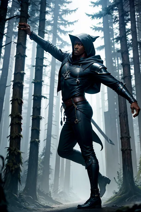 do wesley snipes, wearing dark clothes and a hood, appears in a combat pose. he carries two swords on his back, one silver and o...