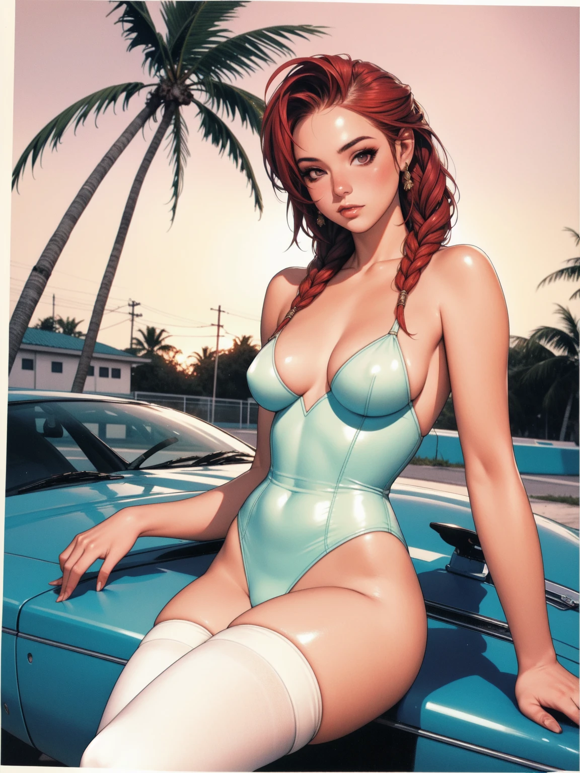 (work of art, best qualityer), absurdists,  retro, miami, sunset, ferrari, palm tree, 90's, Red hair, braids, white thigh highs, that&#39;s why, short jacket, high-waist, waist belt, latex shorts, bloated camel, background red, 