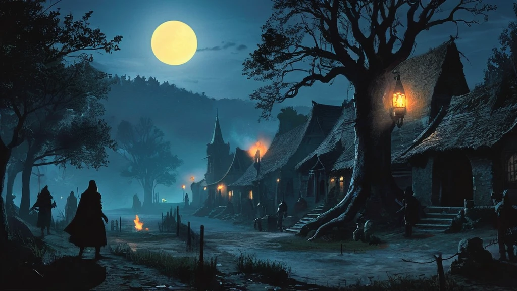 quiet medieval village at night, bathed in the eerie glow of a full moon. The scene should include shadowy figures of villagers going about their nightly routines, with an underlying sense of dark fantasy. Include elements like ancient stone buildings, flickering torches, and a dense forest at the edge of the village, hinting at mysterious creatures lurking just beyond the tree line."