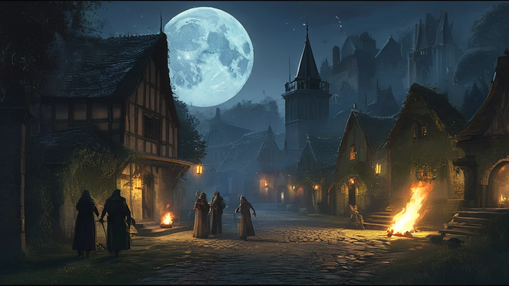 a quiet medieval city at night, enveloped in the eerie glow of a full moon. The scene features several villagers: a blacksmith working late at his forge with sparks flying, an elderly woman gathering herbs by the light of a flickering torch, and a cloaked figure slipping silently through the shadows. Nearby, a group of children whisper excitedly around a campfire, casting long, dancing shadows on the cobblestone streets. The village is surrounded by dense forest, its edge illuminated just enough to hint at the presence of mysterious creatures lurking in the darkness. Ancient stone buildings with ivy-covered walls add to the dark fantasy atmosphere."