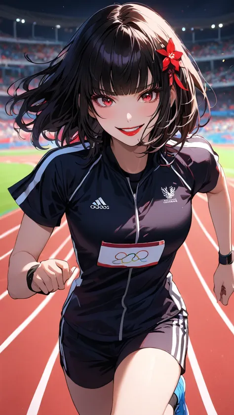 highest quality、masterpiece、1 girl, running track background、black hair :1.5、red eyes 、red lips, olympics uniform 、black and whi...