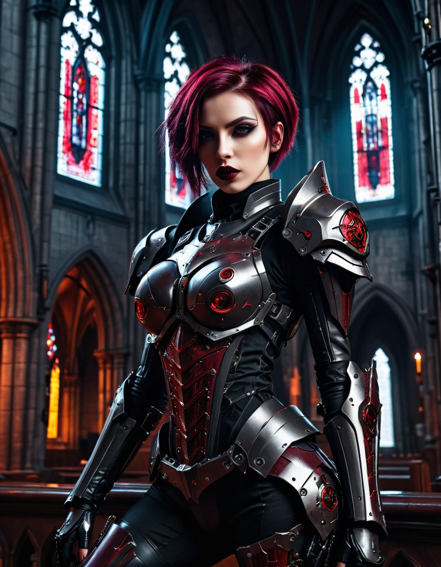 a portrait of mecha female vampire in a dark gothic cyberpunk church, an exotic exquisite beautiful mecha female vampire, dynamic hair color, short hair, dynamic eyes color, intense eyes, (vampire fangs),  glowing eyes, dynamic eyes color, wearing intricate mech armor, delicate mech armor, delicate blood veins in the armor, wearing thigh high heeled boots, dark gothic cyberpunk church background, vibrant, Ultra-high resolution, High Contrast, (masterpiece:1.5), highest quality, Best aesthetics), best details, best quality, highres, 16k, (ultra detailed: 1.5), masterpiece, best quality, (extremely detailed) RAW, (ultra details, Masterpiece, best quality), Cinematic Hollywood Film, Intense gaze, cg_darkscifi