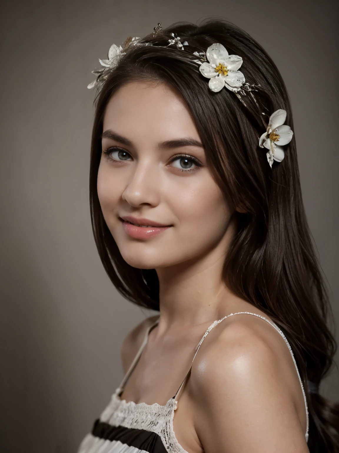 monochrome, Black and White Photography, portrait , Front view, 1941 years, June, WW2, Germany  girl is 20 years-old,  (brown hair, middle hair , wince, brown  eyes, beautiful lip, smile, flower crown),