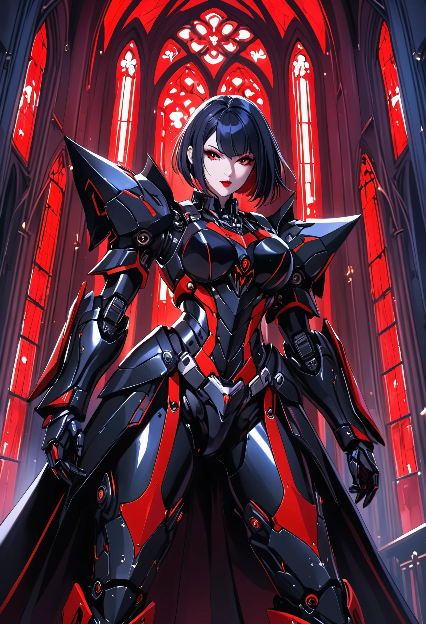 a portrait of mecha female vampire in a dark gothic cyberpunk church, an exotic exquisite beautiful mecha female vampire, dynamic hair color, short hair, dynamic eyes color, intense eyes,  glowing eyes, dynamic eyes color, wearing intricate mech armor, delicate mech armor, delicate blood veins in the armor, wearing thigh high heeled boots, dark gothic cyberpunk church background, vibrant, Ultra-high resolution, High Contrast, (masterpiece:1.5), highest quality, Best aesthetics), best details, best quality, highres, 16k, (ultra detailed: 1.5), masterpiece, best quality, (extremely detailed) RAW, (ultra details, Masterpiece, best quality), Dark Art Painting Style, nijimecha