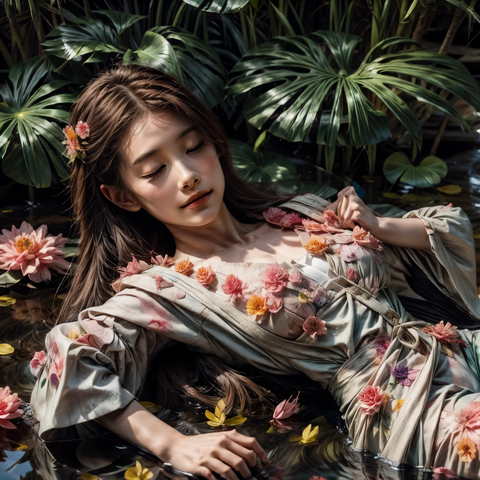 (Ophelia:1.37) with closed eyes, expressionless, lying on her back, partially submerged in a pond, surrounded by petals, flowers, plants, and natural light, moss and hydrophytes in the background