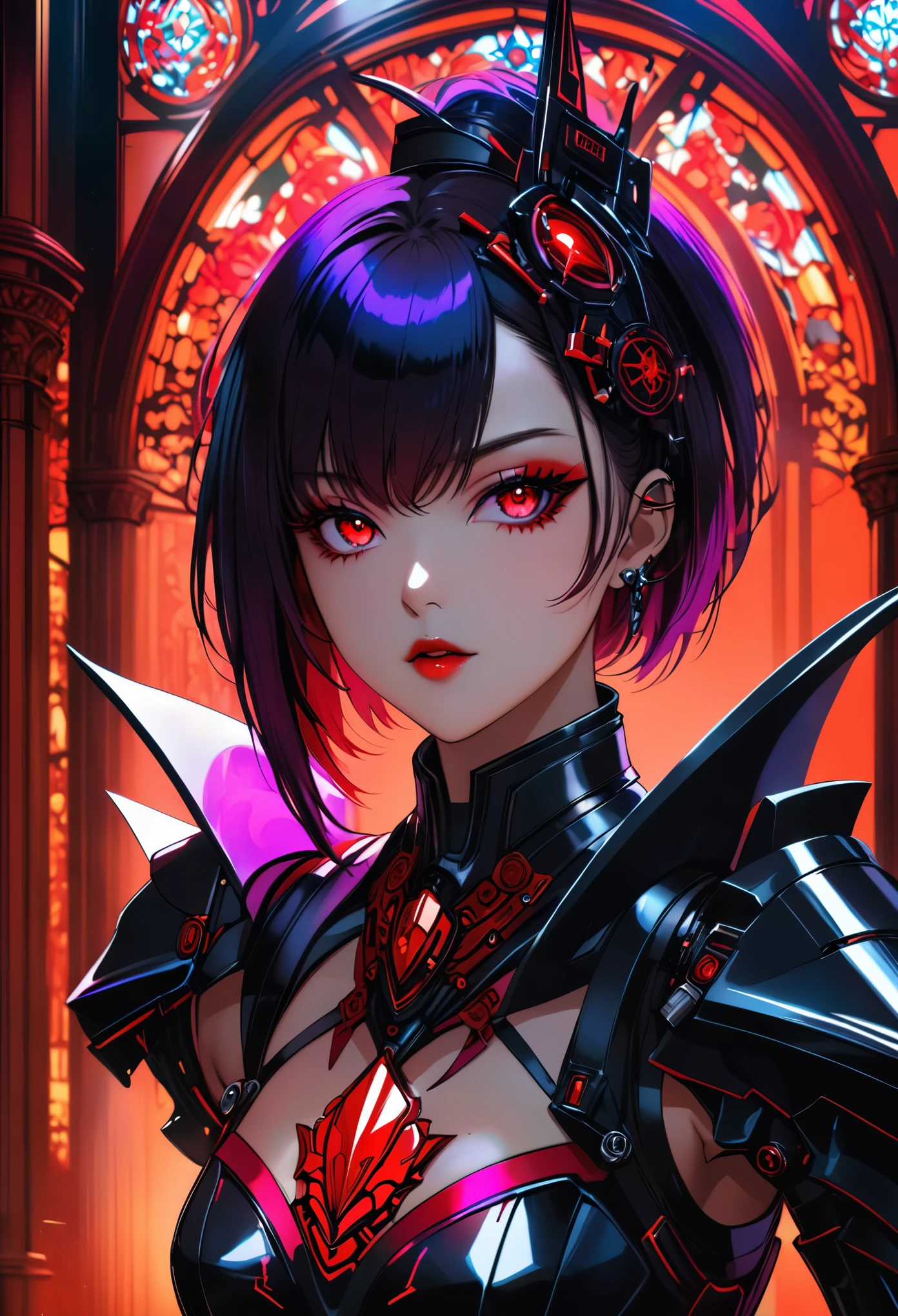 a portrait of mecha female vampire in a dark gothic cyberpunk church, an exotic exquisite beautiful mecha female vampire, dynamic hair color, short hair, dynamic eyes color, intense eyes,  glowing eyes, dynamic eyes color, wearing intricate mech armor, delicate mech armor, delicate blood veins in the armor, wearing thigh high heeled boots, dark gothic cyberpunk church background, vibrant, Ultra-high resolution, High Contrast, (masterpiece:1.5), highest quality, Best aesthetics), best details, best quality, highres, 16k, (ultra detailed: 1.5), masterpiece, best quality, (extremely detailed) RAW, (ultra details, Masterpiece, best quality), Dark Art Painting Style, nijimecha