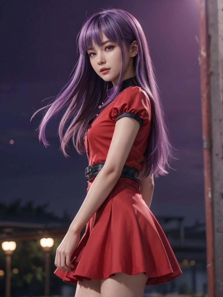 Ayane, cabelo roxo, (best qualityer, ultra detali), (realisitic:1.37), beautiful and detailed face, ultra-realisitic texture, 精致的面容, Delicate body, red lipgloss stick, long-lasting colors. High definition, 8k.