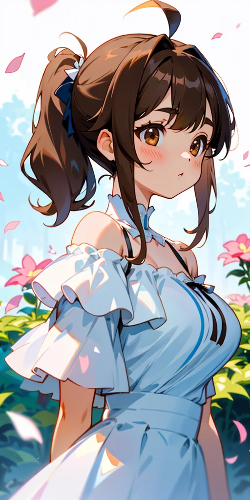 １girl、Big eyes、Dark brown eyes、Light brown hair、Side Ponytail、Big Breasts、Ahoge、Plain white off-the-shoulder dress、Short sleeve、Frills、Upper body close-up、The background is a garden with flower petals falling.,、From the side、Picturesque、Sharp contours