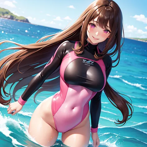 beautiful woman, long hair, brown hair, pink eyes, smiling, blushing, large breasts, pink and black wetsuit, standing, in the se...