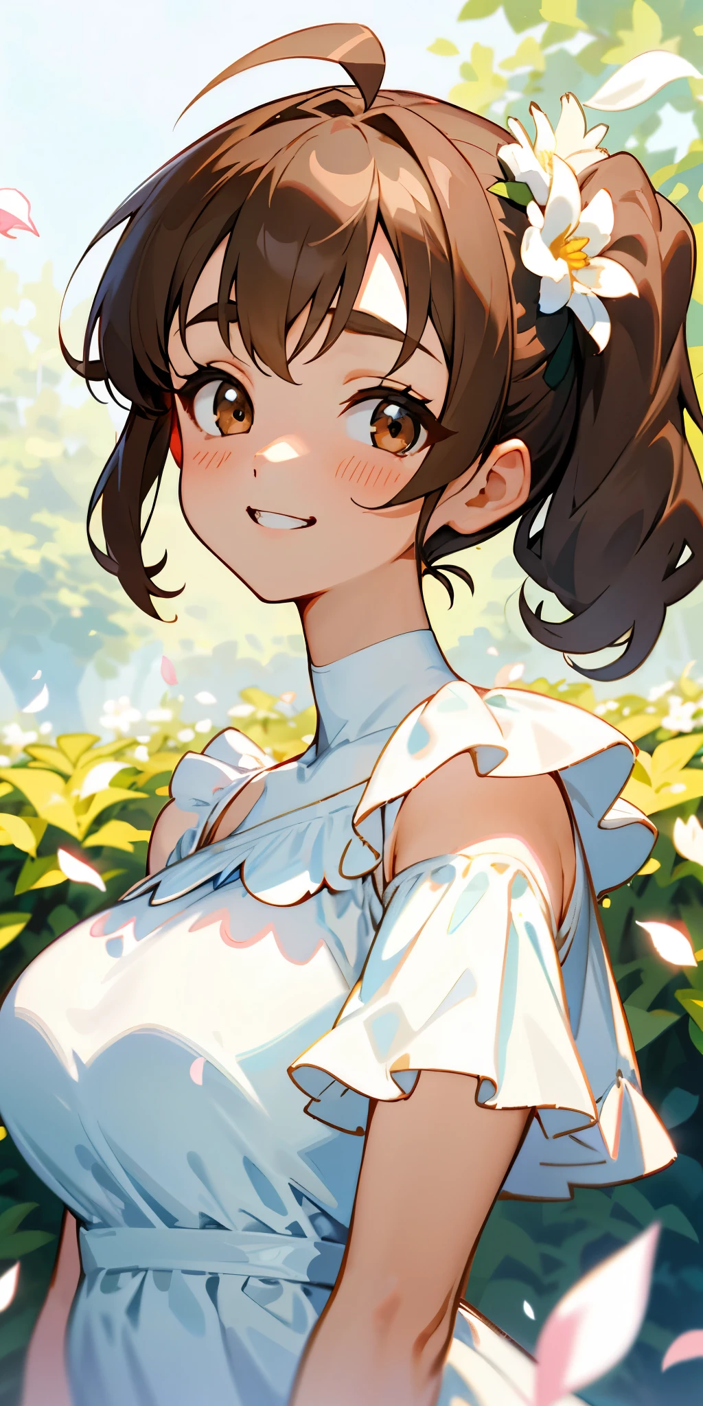 １girl、Big eyes、Dark brown eyes、Light brown hair、Side Ponytail、Big Breasts、Ahoge、Plain white off-the-shoulder dress、Short sleeve、Frills、Upper body close-up、The background is a garden with flower petals falling.、Grin、From the side、Picturesque、Sharp contours