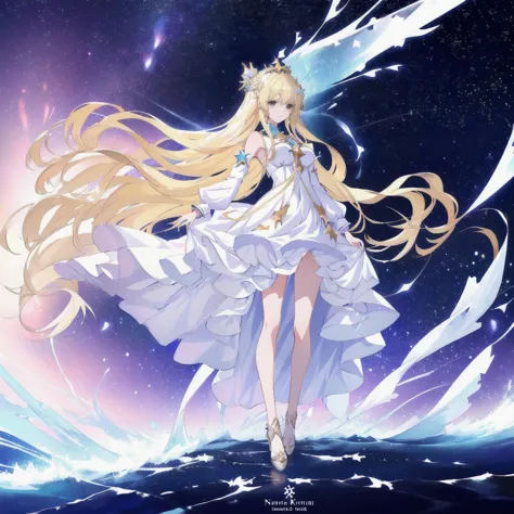 anime woman with long blonde hair and a white dress standing in the middle of a sea of stars, anime splash, anime goddess, visua...