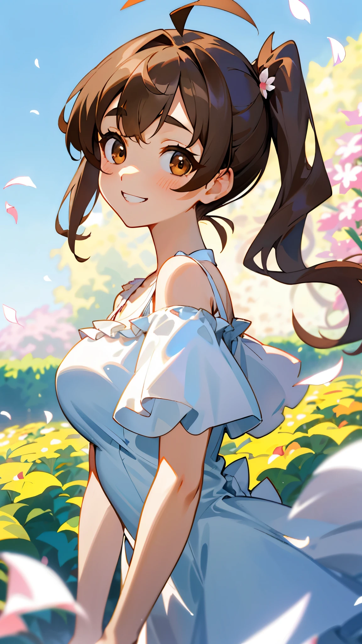 １girl、Big eyes、Dark brown eyes、Light brown hair、Side Ponytail、Big Breasts、Ahoge、Plain white off-the-shoulder dress、Short sleeve、Frills、Upper body close-up、The background is a garden with flower petals falling.、Grin、From the side、Picturesque、Sharp contours