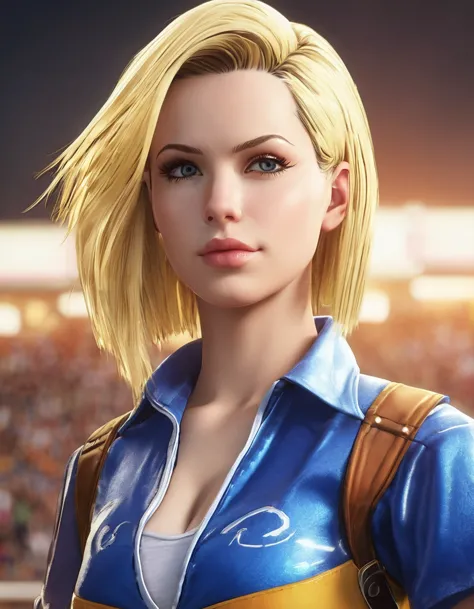 Android 18, Android 18, Blonde, blue eyes, eyelash, hoop Earrings, short hair, Earrings, Cheerleader Costume, Full, Football Sta...