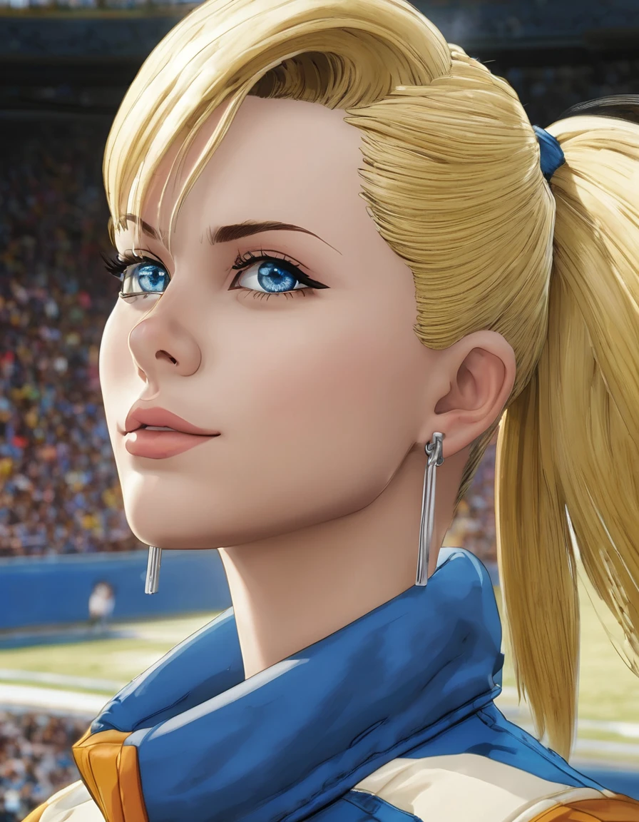 Android 18, Android 18, Blonde, blue eyes, eyelash, hoop Earrings, short hair, Earrings, Cheerleader Costume, Full, Football Stadium, city, null, cloud, sun, break looking at viewer, (Cowboy Shot:1.5), break (masterpiece:1.2), Highest quality, High resolution, unity 8k wallpaper, (shape:0.8), (Beautiful and beautiful eyes:1.6), Highly detailed face, Perfect lighting, Highly detailed CG, (Perfect hands, Perfect Anatomy)
