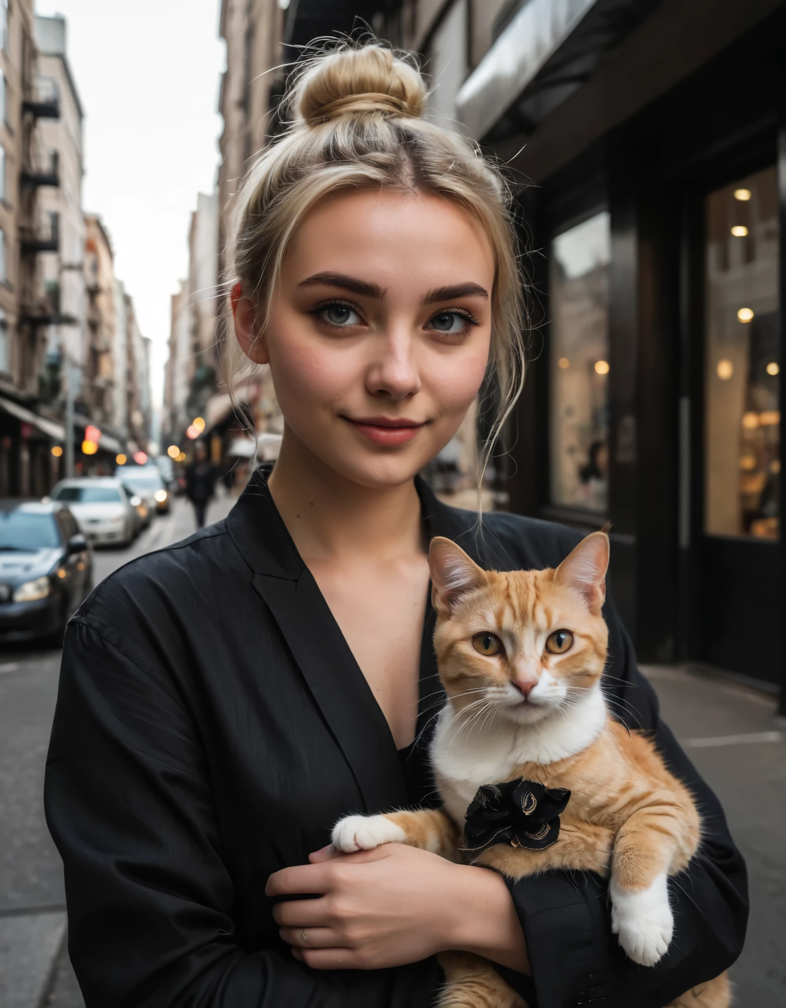 Un contacto visual de una rubia con moño y tema oscuro. , en la ciudad jugando con un gato lindo y dulce 