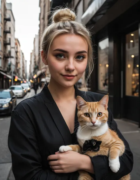 an eye contact of a blonde with a bun and dark theme , in the city playing with a cute and sweet cat